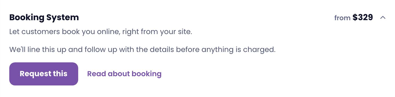 The Booking System add-on in the portal, from $329, with a Request this button