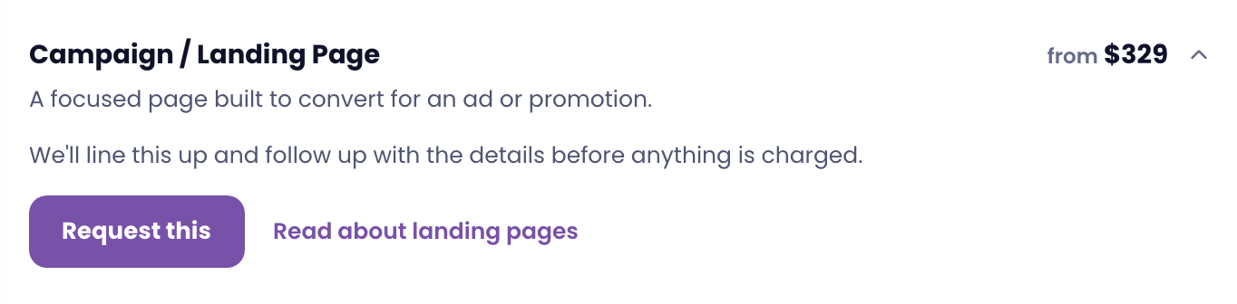 The Campaign / Landing Page add-on in the portal, from $329, with a Request this button