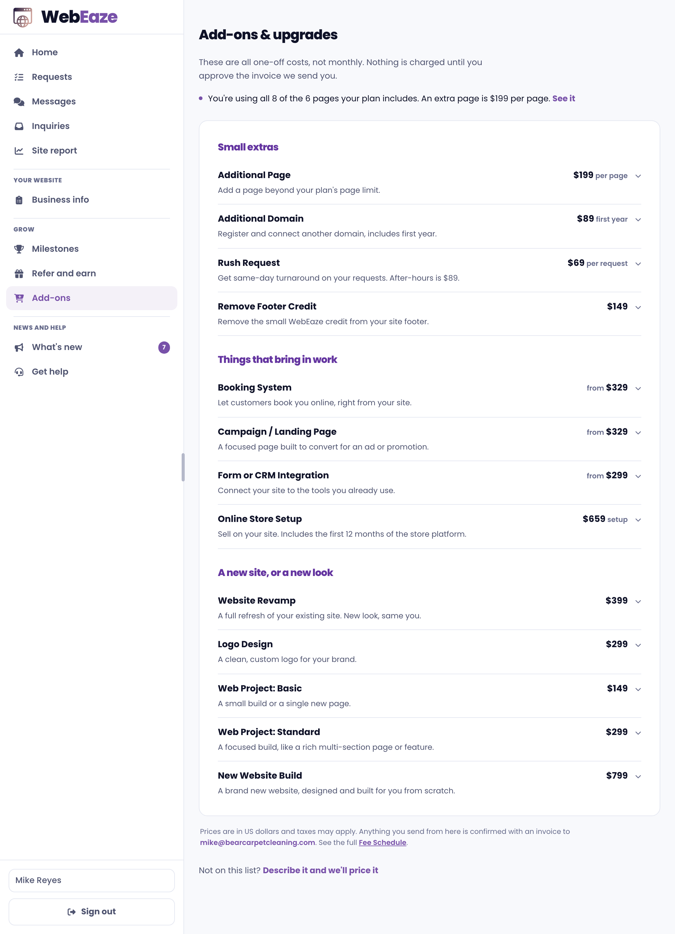 The Add-ons and upgrades page in your portal, showing Campaign / Landing Page listed from $329 alongside every other add-on