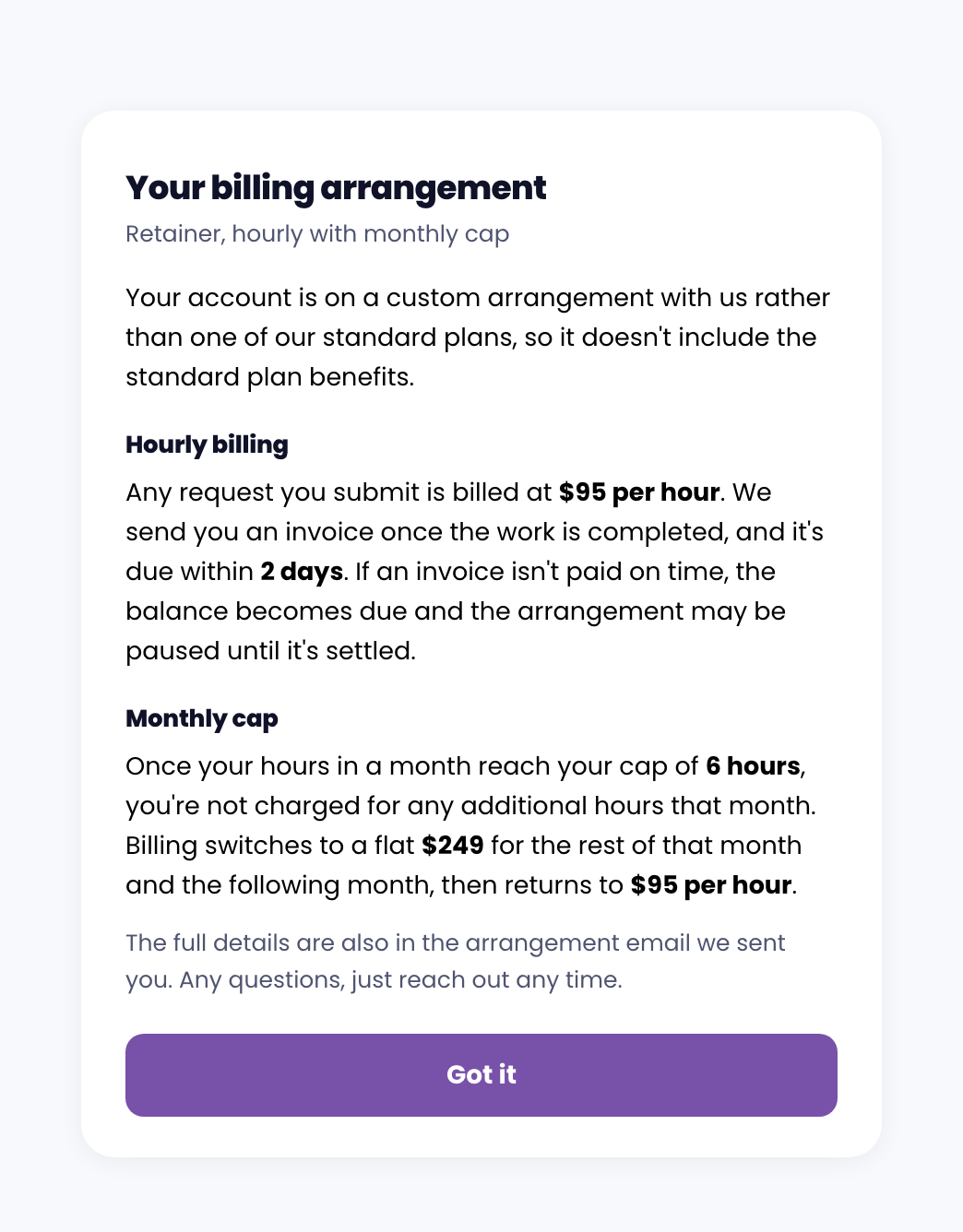 The Your billing arrangement panel in the client portal, showing the hourly rate and the monthly cap