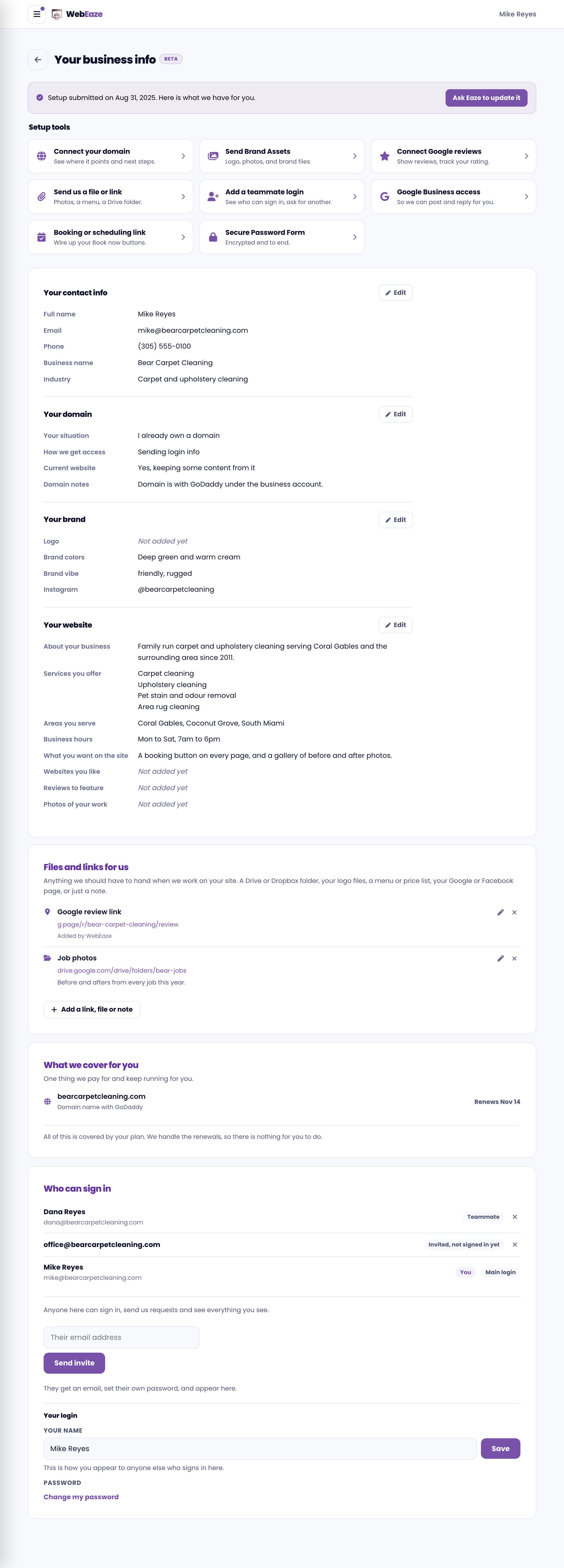 Your business info in the portal after setup is submitted, showing each section of your details with an Edit button