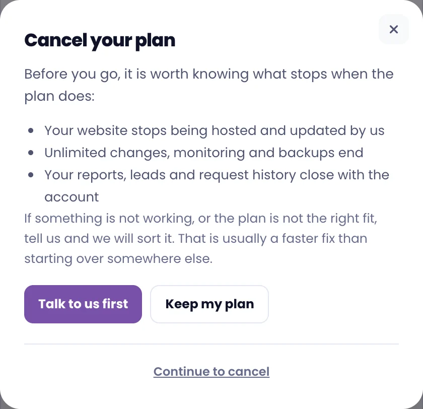 The cancellation step listing what ends when the plan does