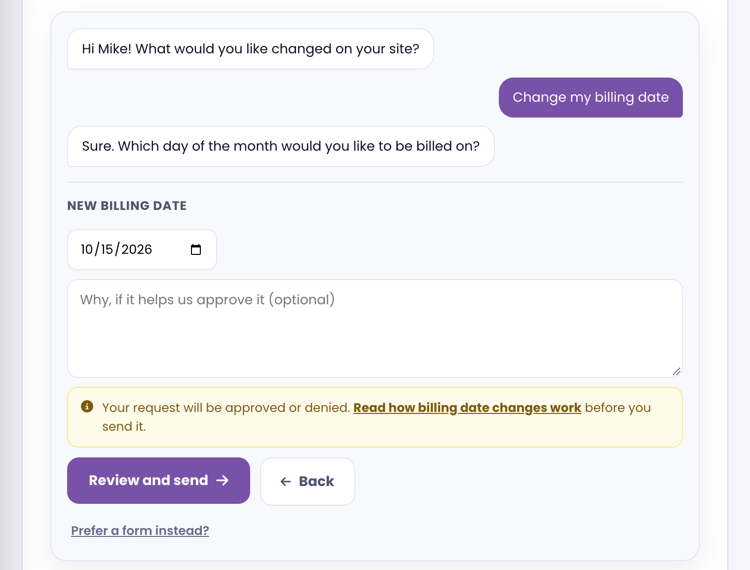The client portal asking which day of the month you would like to be billed on, with a date picker and a note that the request will be approved or denied