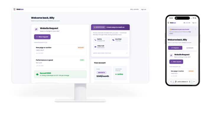 The WebEaze client portal shown on desktop and mobile