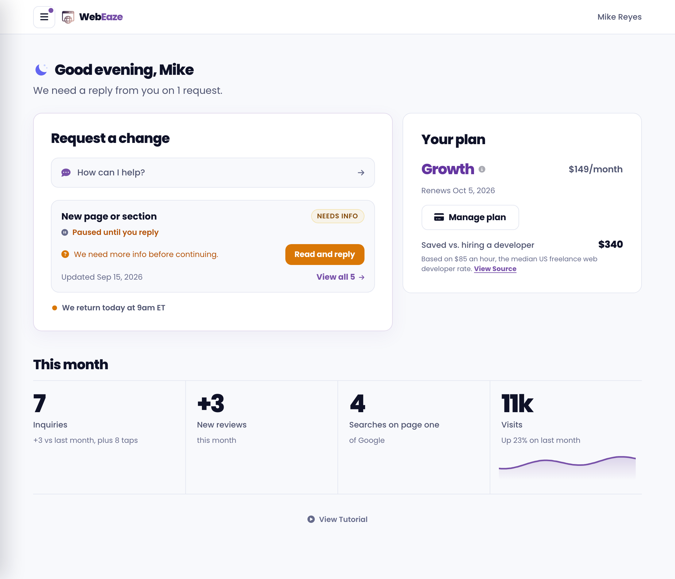 The Client Portal dashboard showing the site report, requests, and account overview