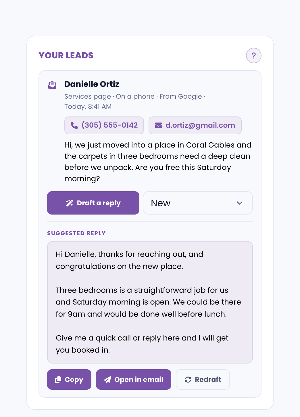 A message in the portal showing the caller details, what they asked for, and an AI-drafted reply ready to copy or open in email