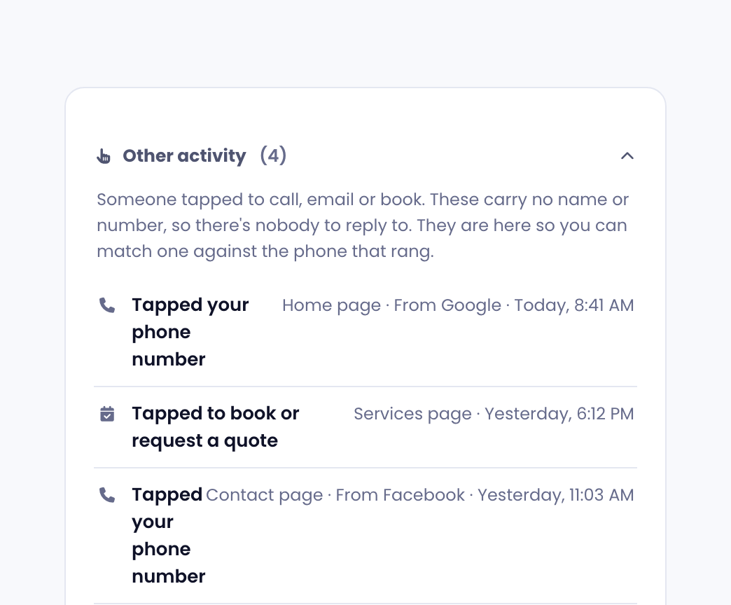 The Other activity list, showing taps on the phone number, email address and booking button with the page and time for each