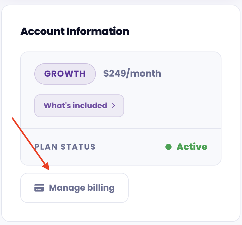 The Manage billing and plan button in the portal account section