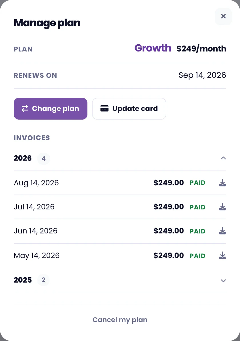 The Manage plan panel showing plan, renewal date, and invoices
