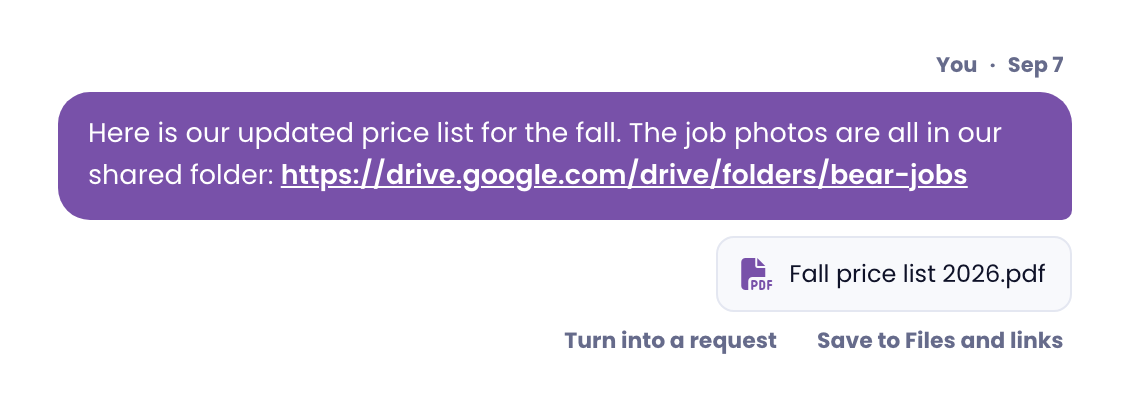 A message with a price list attached and the Save to Files and links option under it