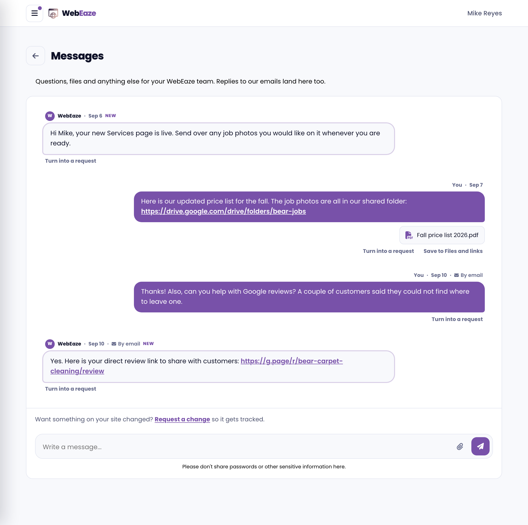 The Messages page in the portal