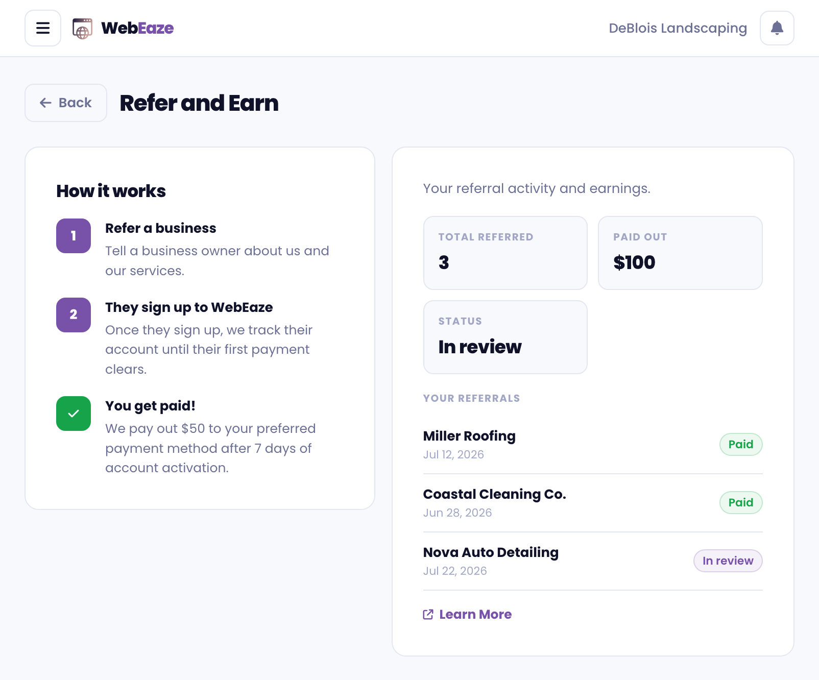 The Referrals section in the portal showing referral history and earnings