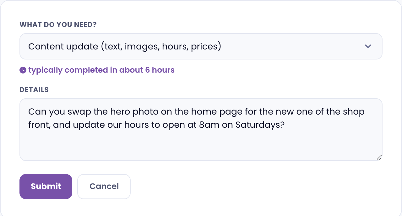 The request form in the portal: pick what you need, and the typical turnaround appears under it