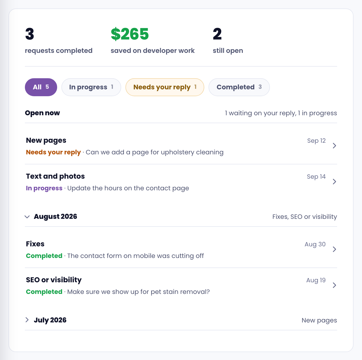 Request history in the portal: open requests at the top with their status, completed ones grouped by month