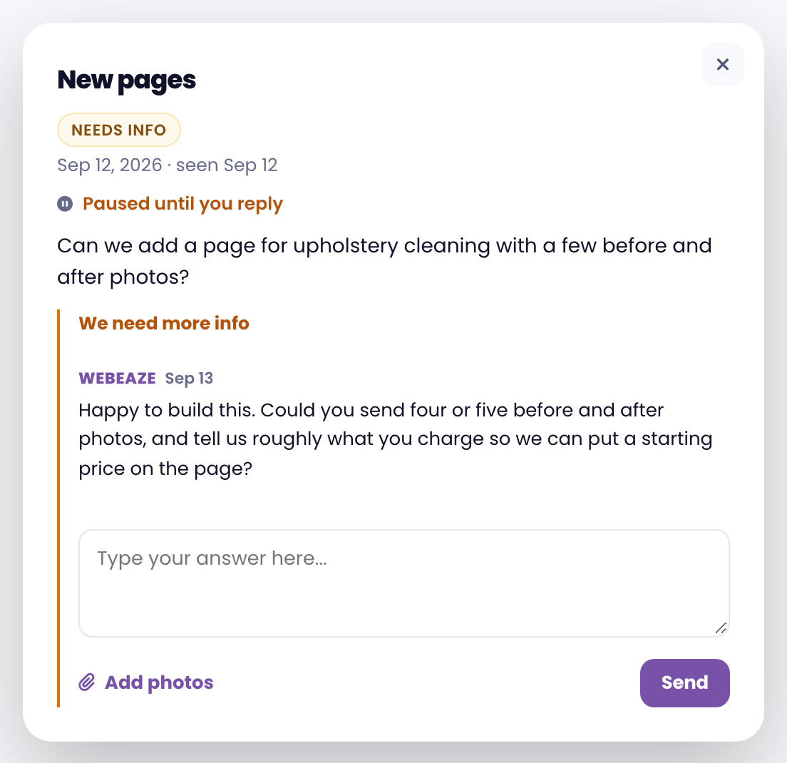 A request that needs your reply, opened from the portal, with our question and a box to answer it
