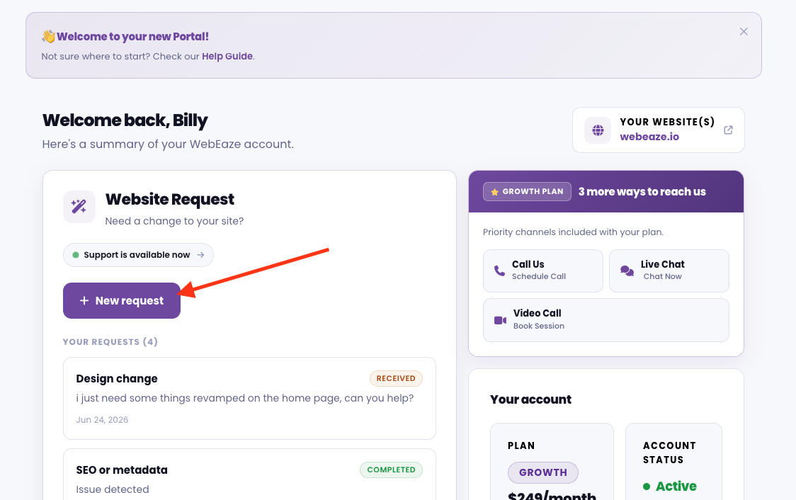 The new request form in the portal showing the request type dropdown and details field