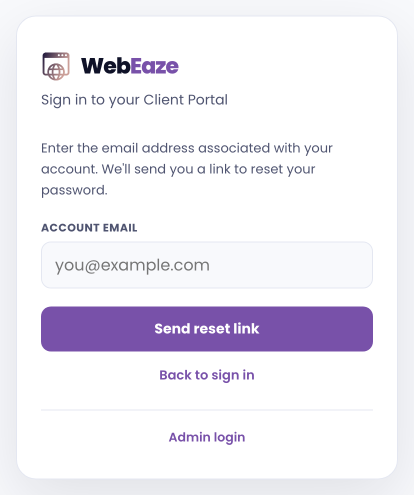 The password reset screen