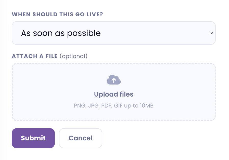 Support schedule example: select a publish date when submitting a request.