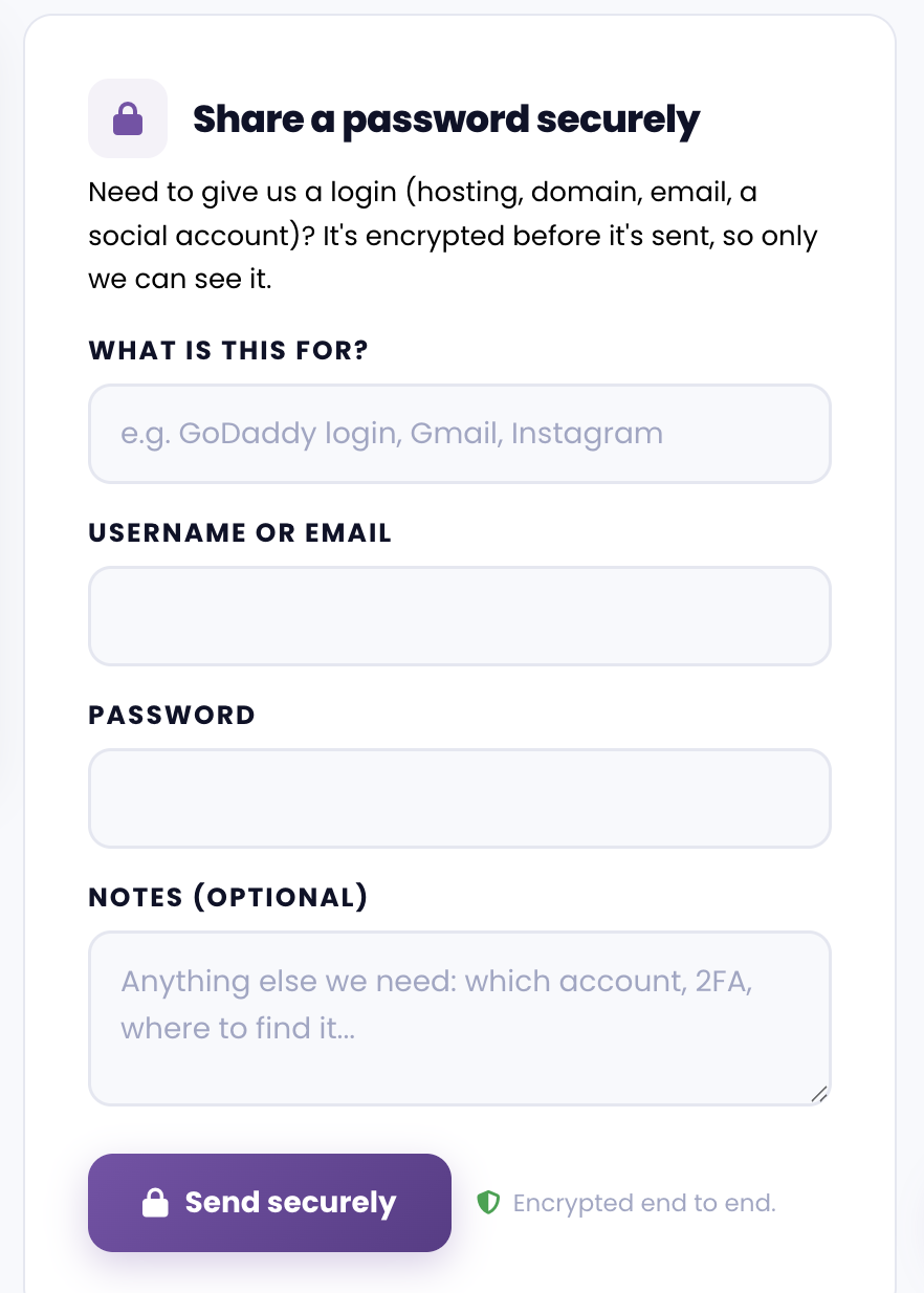 The encrypted Share a password securely form in the portal, with fields for what the login is for, the username, and the password