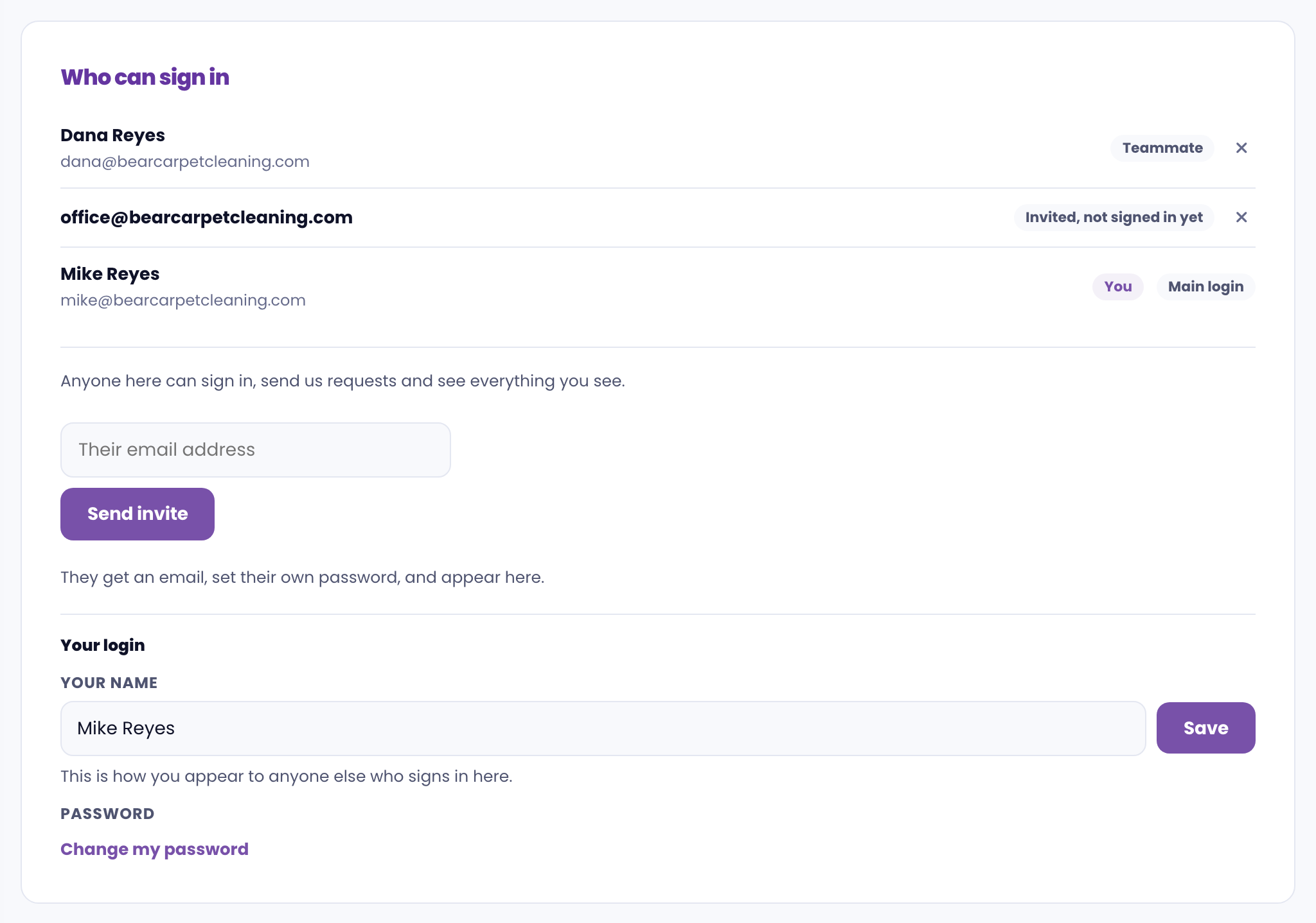 The Who can sign in card in the client portal, listing each email that can log in with its role tag and an Ask us to add a login button