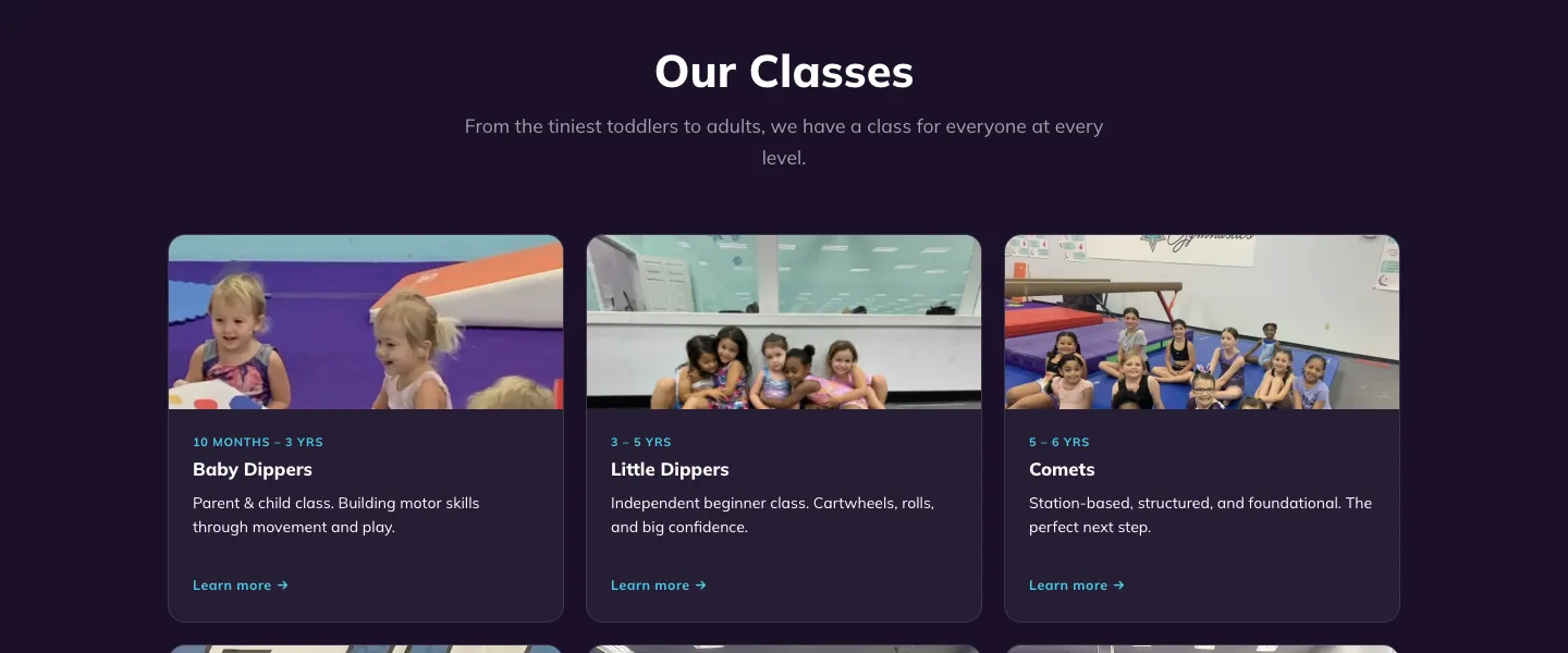 Class schedule laid out clearly by age group