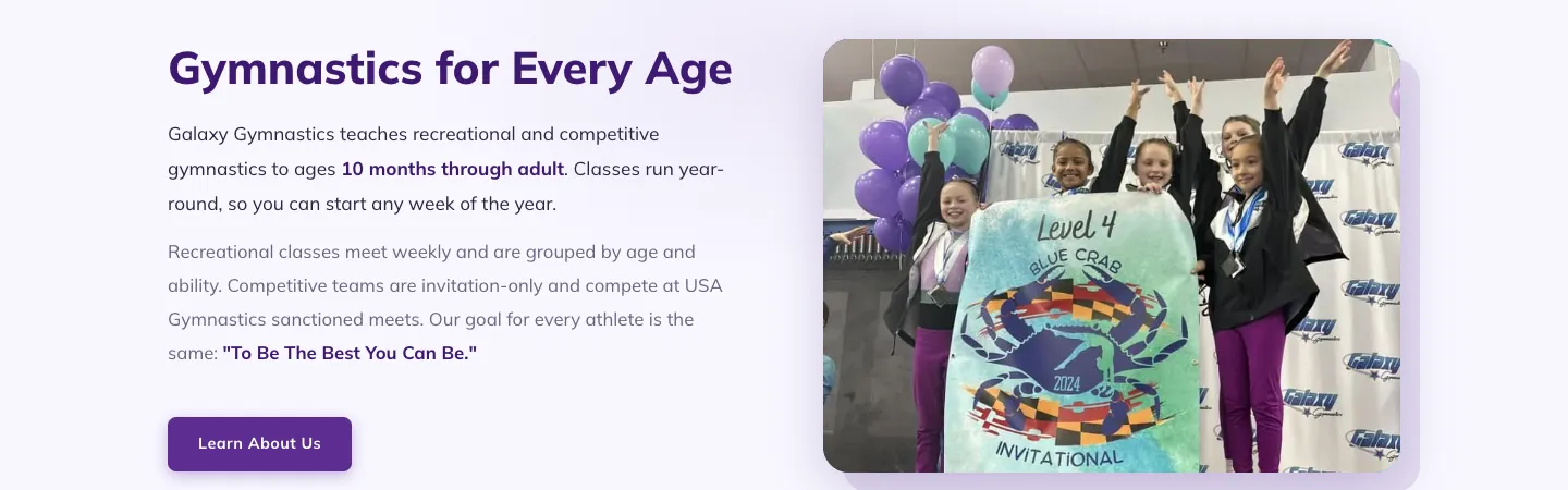 The Gymnastics for Every Age section of the Galaxy Gymnastics website