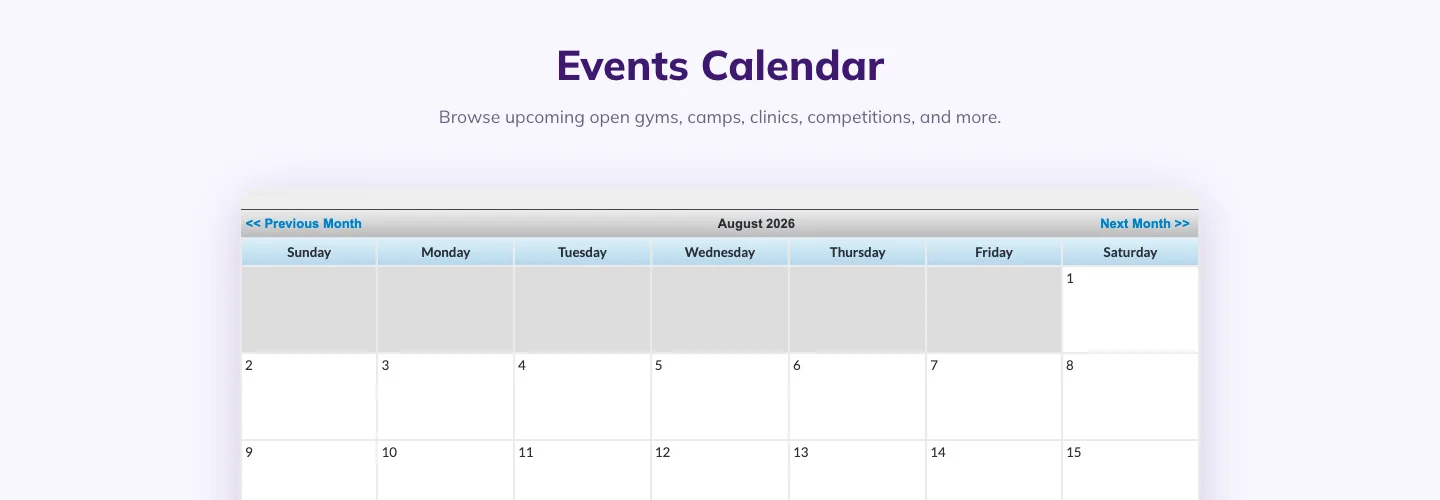 The events calendar showing open gyms, camps, clinics and competitions
