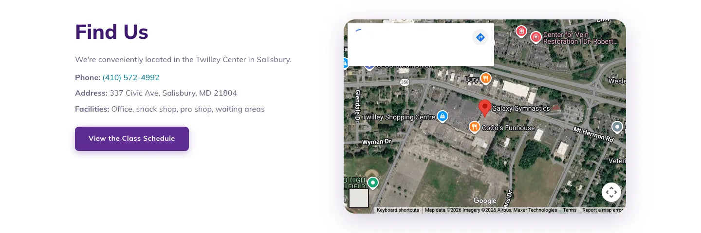 The Find Us section showing Galaxy Gymnastics pinned on the map in Salisbury, MD