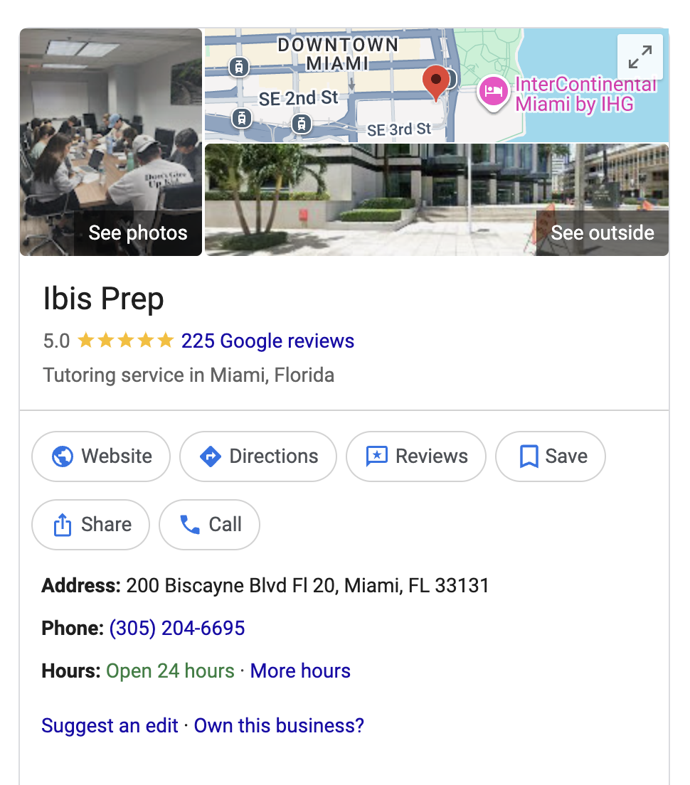 A real Google Business Profile set up and managed by WebEaze, showing photos, reviews, hours, and contact actions