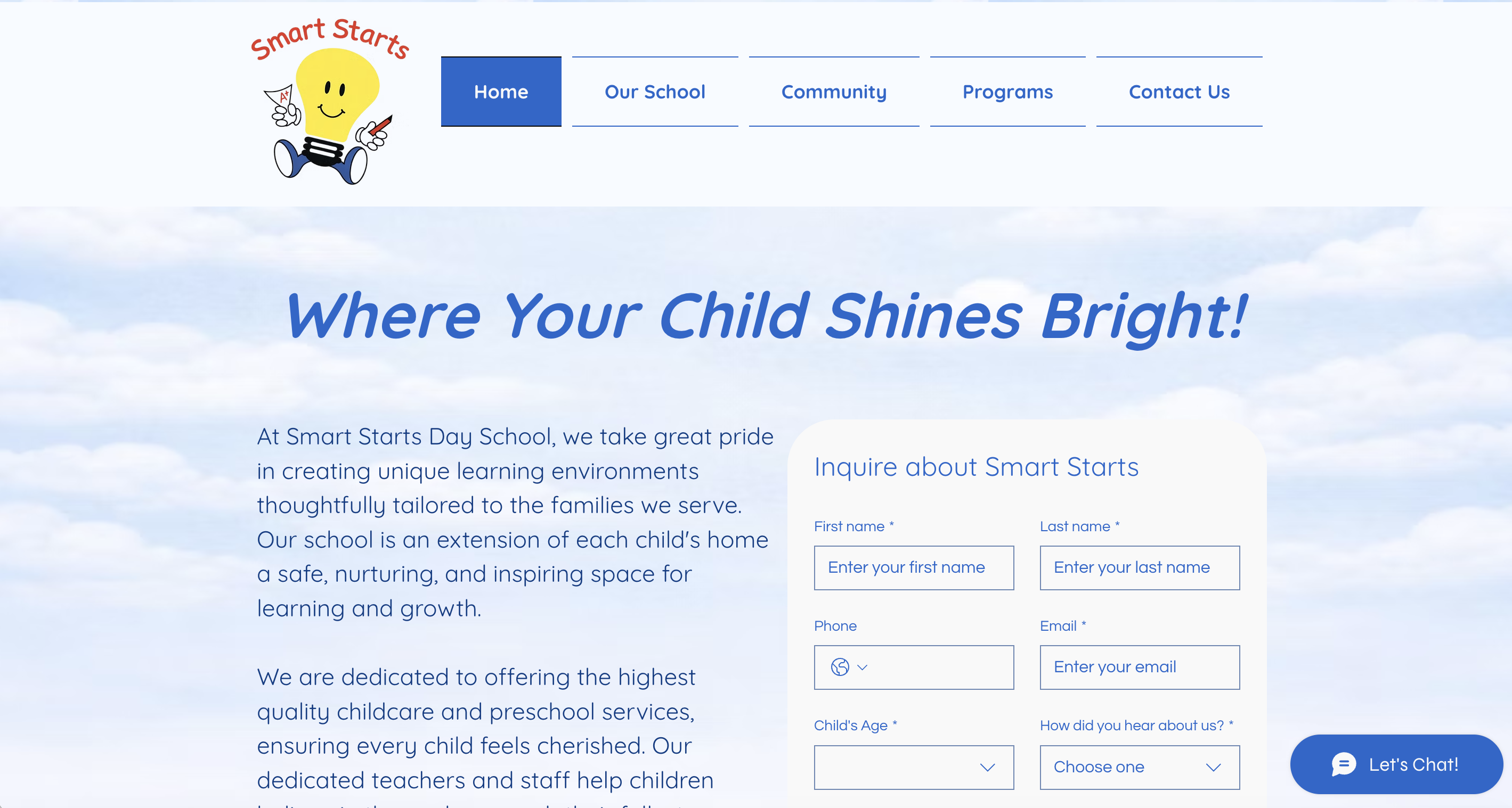 The Smart Starts Day School website homepage, an example of a site built with WebEaze One-Time Website Help