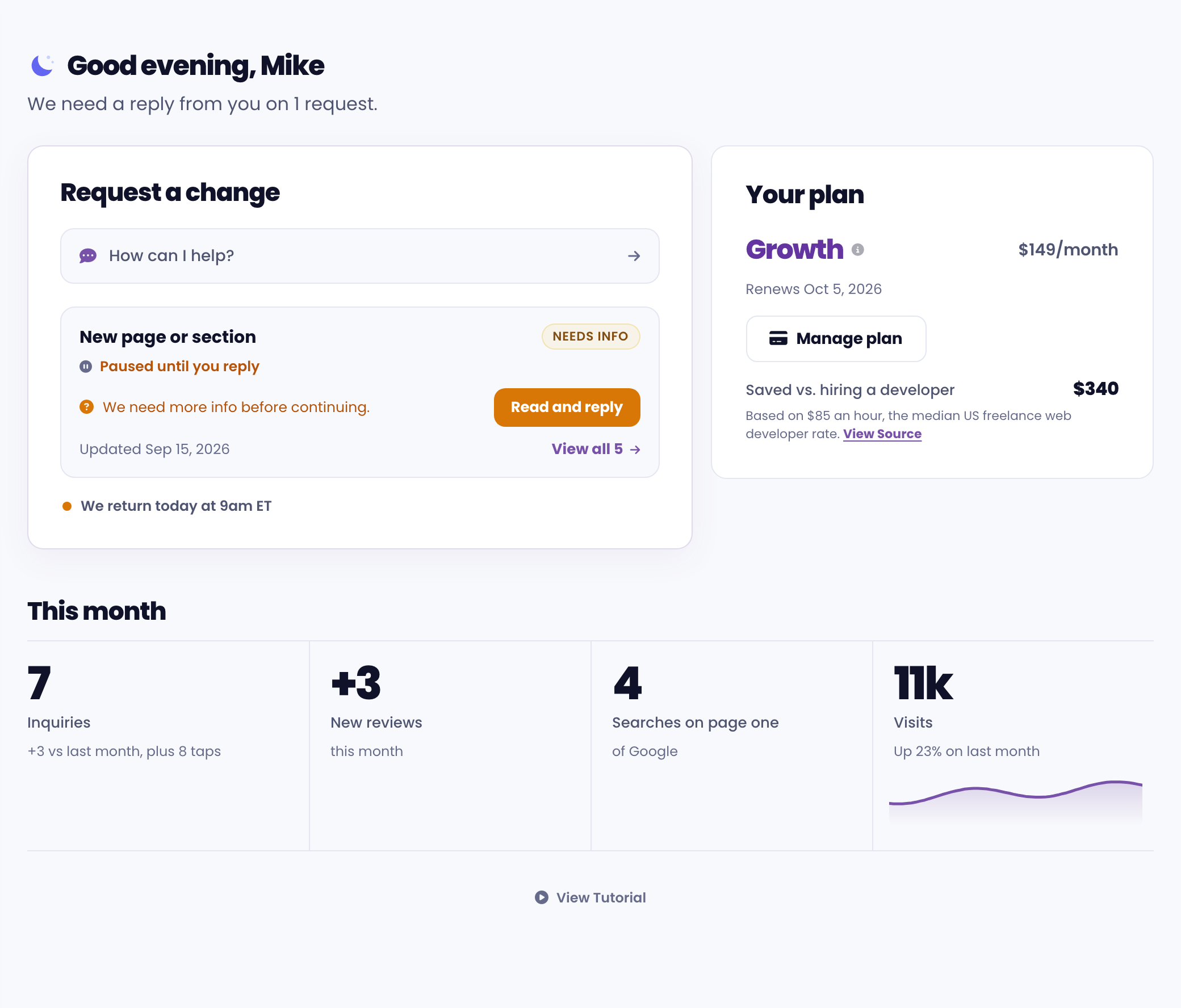 The WebEaze Client Portal dashboard showing website requests, plan status, and account information