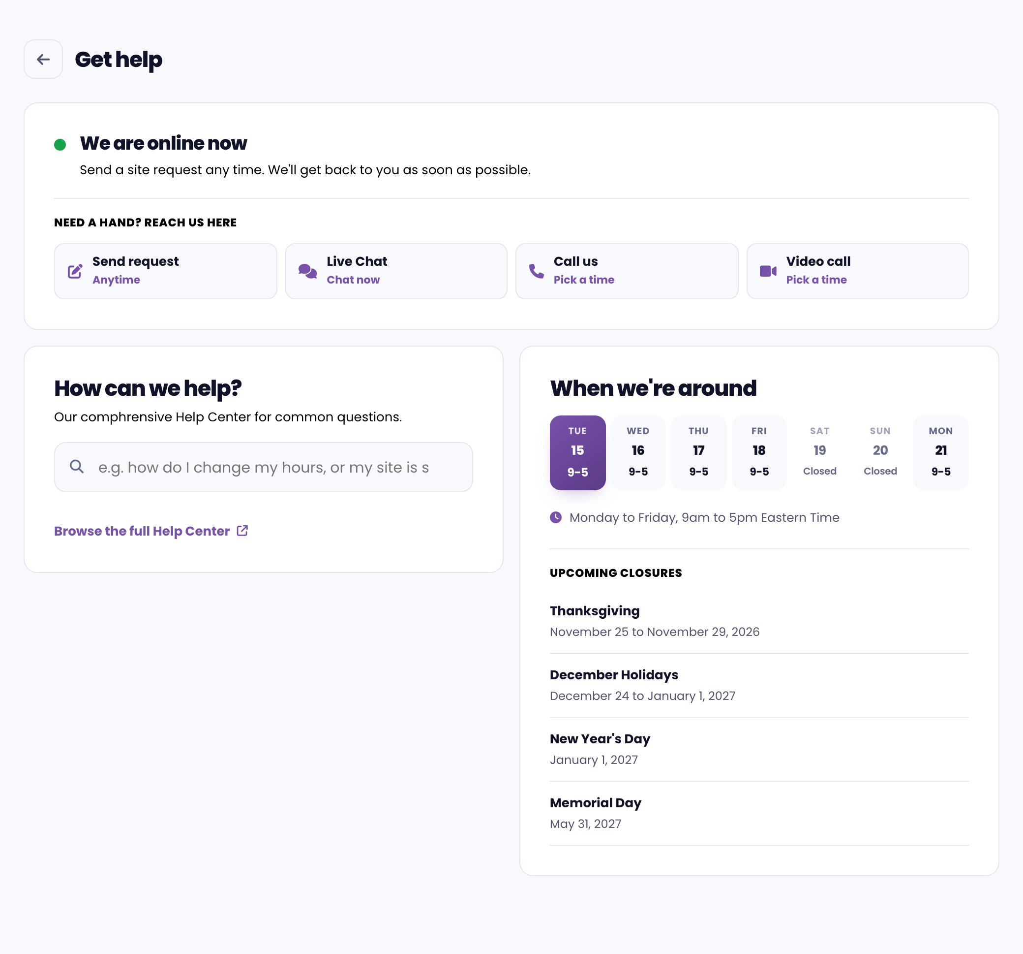 The support section showing current status, upcoming holidays, and recent updates